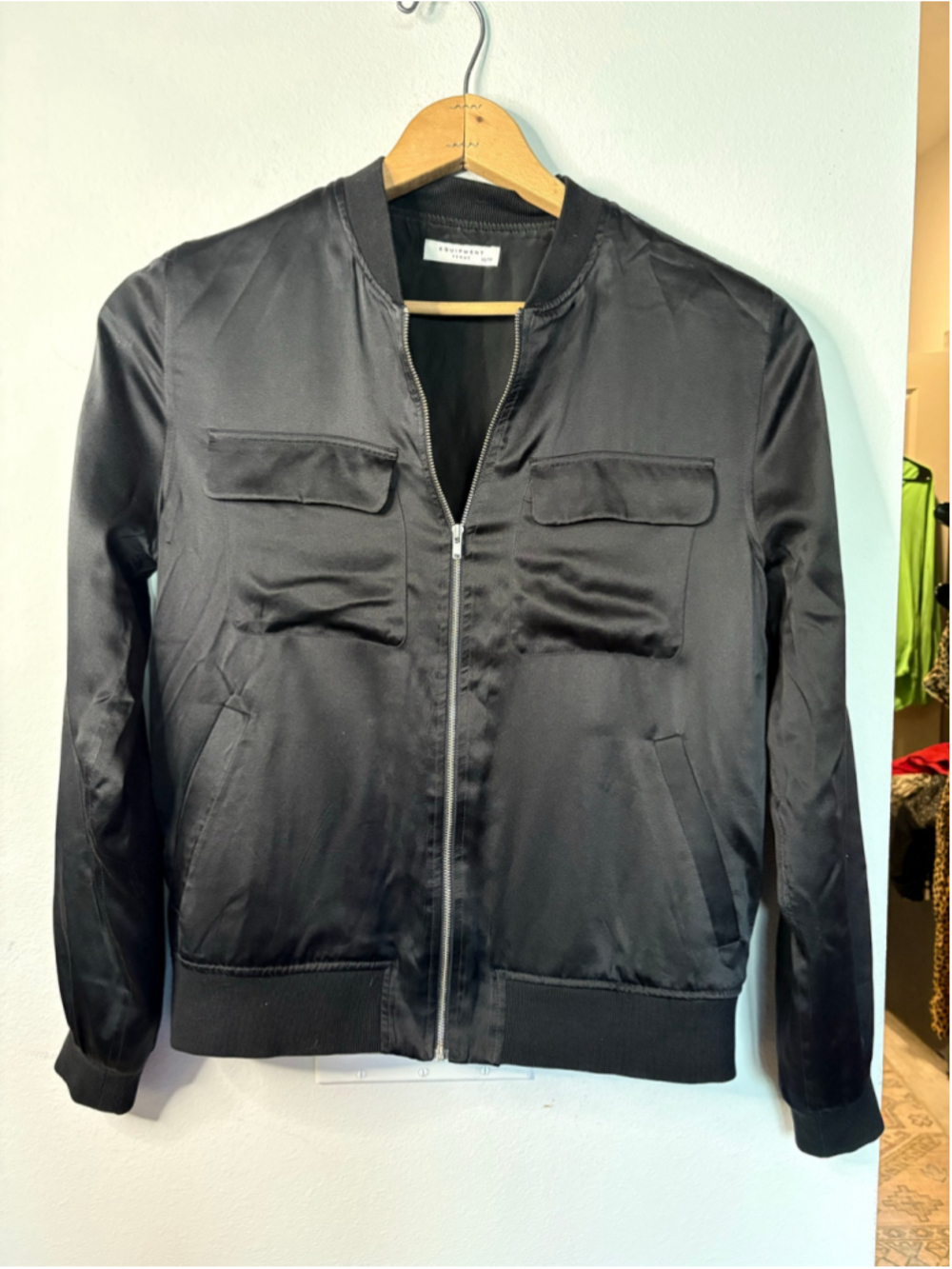 Equipment Femme Black 100% Silk Bomber Jacket Utility Pockets XS